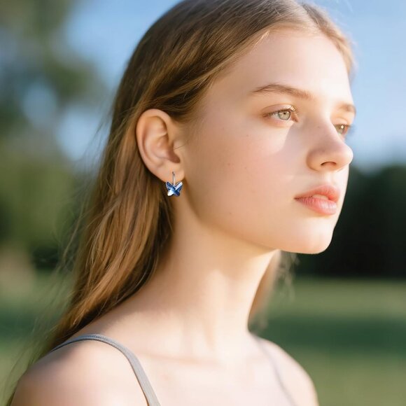 Women's Sterling Butterfly Blue Dangle Hoop Leverback Comfortable Earring - Picture 6 of 6